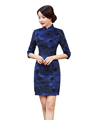 ACVIP Women Woolen Half Sleeve Short Chinese Dress