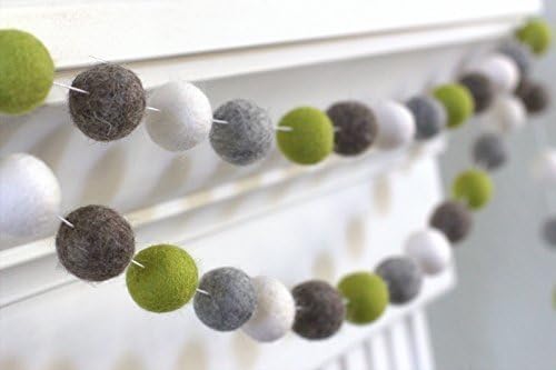 Lime, Gray, Brown Mix, White Felt Ball Garland- 1" (2.5 cm) Wool Felt Balls