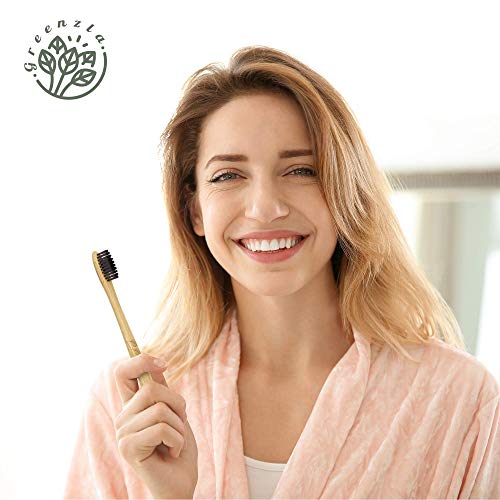 Greenzla Bamboo Toothbrush Set (4 Pack) With Travel Toothbrush Case & Charcoal Dental Floss in Small Jar | Natural Eco Friendly Toothbrushes for Adults | BPA Free & Biodegradable Wooden Toothbrushes