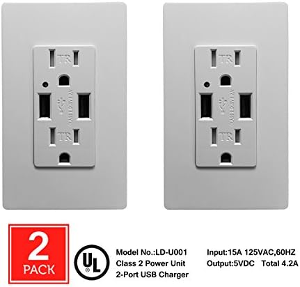 [2 Pack] SECKATECH 4.2A Smart High Speed Dual USB Charger Wall Outlet, 15A Tamper Resistant Outlet, Each Charging Receptacle with 4 Free Wall Plates-White (UL Listed)