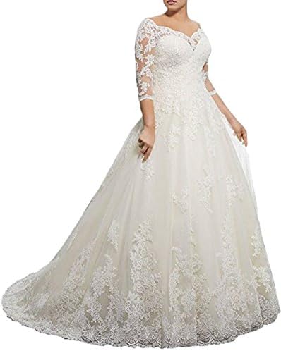 Elleybuy Women's V-Neck Plus Size Wedding Dresses For Bride Lace Applique Sleeves Bridal Gowns US24W