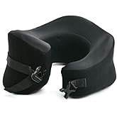 C CUSHION LAB Extra Support Travel Pillow, Award-Winning Patented Ergonomic Design for Chin & Neck Support Memory Foam Neck Pillow, Compact Airplane Pillow for Traveling, Flight, Car (Black, Large)