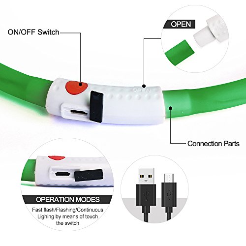 Light Up LED Dog Collar, Clan_X USB Rechargeable Silicone Glowing Pet Collar for Dogs, Flashing Doggy Collars Keep Your Dogs Be Seen& Be Safe (Green-Silicone)