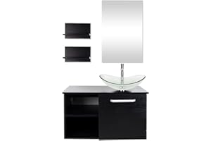 Puluomis 28-Inch Bathroom Vanity, Modern Lavatory Wall Mounted Wood Cabinet with Mirror, Wood Black Fixture, Boat Tempered Glass Sink Top with Single Faucet Hole