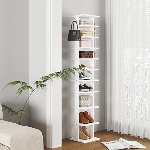 HOME BI 10 Tiers Vertical Shoe Rack, Tall Skinny Wooden Boot Shelf
