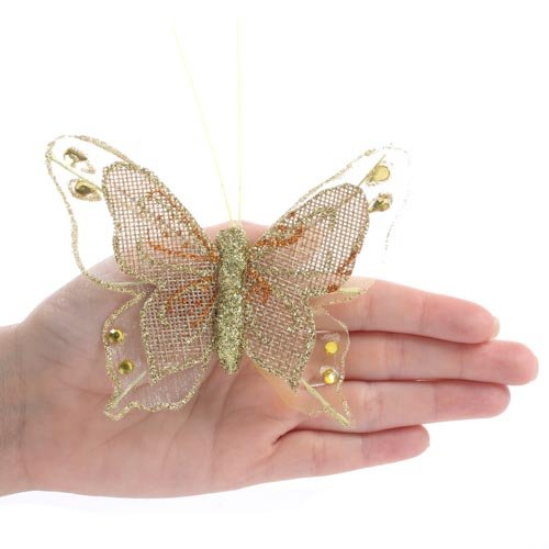 Factory Direct Craft Package of 12 Gold Burlap and Nylon Mesh Artificial Butterflies with Attached Alligator Clips for All Your Decorating and Embellishing Needs