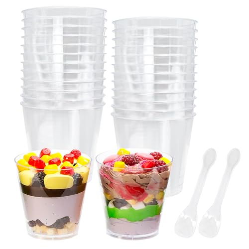 Cisolen 25 Pcs Mini Dessert Cups, 210ml Plastic Dessert Pots with Spoons, Clear Dessert Bowl, Square Cheesecake Pots for Homemade Dessert, Pudding, Mousse, Party