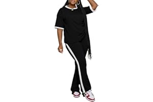 PINSV Womens 2 Piece Outfits Sets Short Sleeve Top and Flare Pants Lounge Sets Track suit