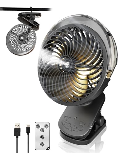 LiangJJ 6″ Clip on Fan with Mist & LED Light, 8000mAh Portable Rechargeable Battery Operated Desk Fan with Remote, 45Hrs Quiet Auto Oscillation Small USB Fan for Golf Cart, Tent, Treadmill, Black