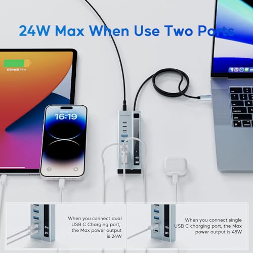 PULWTOP Hub USB C 3.2 ativo com fonte de alimentação, hub USB 3.2 9 em 1 com dados de 3 * 10 Gbps, 4 * USB A 3.1 e 2 * carregamento PD de 45 W (não suporta vídeo e dados) Adaptador de 72 W