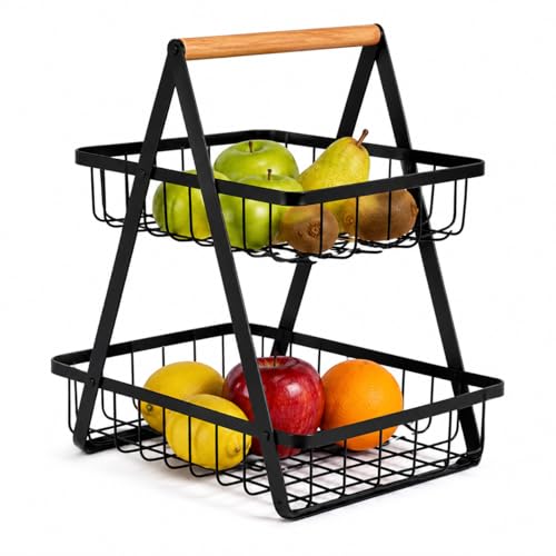 Fruteira Cesto de Mesa 2 Andares em Metal Preto com Alça de Madeira – Organizador de Frutas, Legumes e Mantimentos para Cozinha
