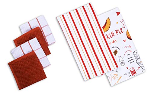 AMOUR INFINI Cotton Kitchen Towels and Dishcloths 6 Piece - 4 Terry Dishcloths (12” x 12”) and 2 Cotton Kitchen Towels (28” x 18”) for Gifting and Decor (Pumkin)