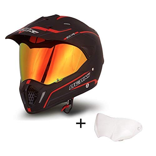 NENKI Dual Sport Helmet Full Face Motocross & Motorcycle Helmets Dot Approved with Iridium Red Visor Attached Clear Visor NK-310 (XL, Matt Black & Red)
