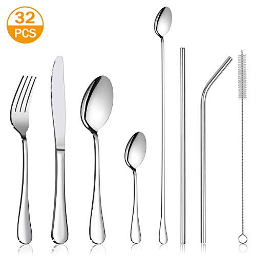 Silverware Flatware Cutlery Set,Portable Utensils LPOLER 32 Pieces Stainless Steel Utensils Service for 4,Include Knife,Fork,Spoon,Straw and Cleaning Brush,Mirror Polished,Dishwasher Safe