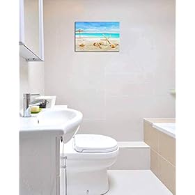 ArtHome520 Blue Sea Ocean Beach Canvas Print Wood Backgroud Wall Art Home Decor Starfish Shell Picture Bathroom Artwork… 41p 1jUMCUL