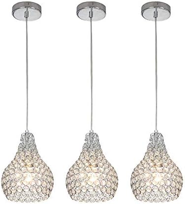 GLANZHAUS 3 Lights Silver Round Clear Mini Crystal Pendant Lights, Hanging Chandelier Pendant Light Ceiling Lamp Fixture, Chrome Finish