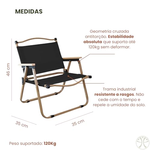 Cadeira Dobrável Camping e Praia Suporta 120kg com Braço (Preto) | Estrutura aco carbono, assento poliester respiravel e lavavel, para acampamento, pesca e uso na areia