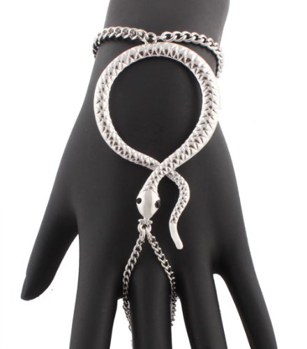 Silvertone Snake Adjustable Finger Ring and Hand Chain Bracelet (F-664)