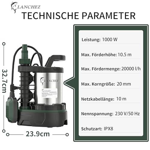 LANCHEZ Submersible pump 1000 W, 20,000 l/h flow rate, adjustable wastewater/clean water mode, delivery head 10.5 m, immersion depth 7 m, stainless steel, adjustable float switch, thermal protection