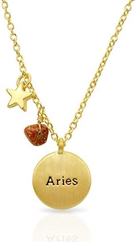 Miraclelove Gold Plated Brass Zodiac Charm Handmade Gemstone Pendant Necklace, 18"