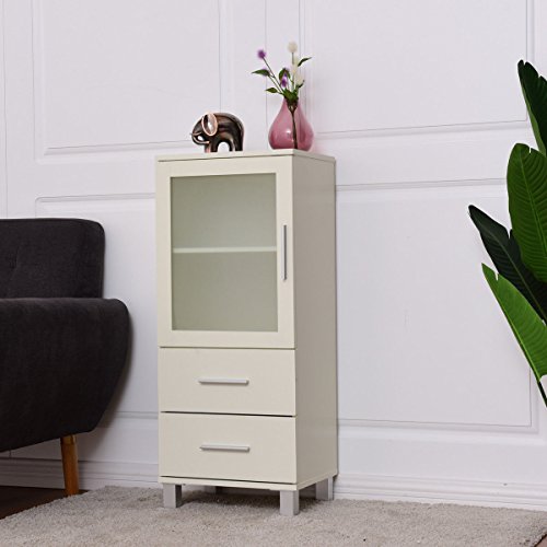 2 Drawers Glass Door Wood Floor Cabinet Storage Unit Organizer Stand Chest