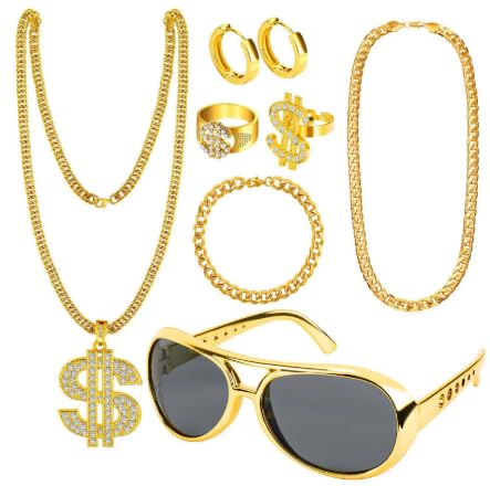 XIMU-SHANGDIAN 8Pcs Hip Hop Costume Accessories Set | Gold Chain, Dollar Sign Rings, Earrings, Retro Sunglasses & Bracelet | 80s 90s Disco Carnival Fancy Dress for Men Women