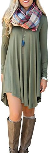 Fairyler Women Long Sleeve Solid Color Tunic Tops Loose Basic Shirt A-line Slim Fit T-shirt Dress S Green