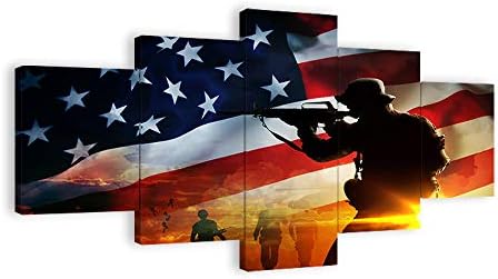US American Flag Navy Soldier Military Canvas Print Wall Artwork Independence Day House Decor Skinny Purple Line Footage for Dwelling Room Bed room 5 Panel Poster Portray Framed Able to Dangle (70″Wx40″H, m)