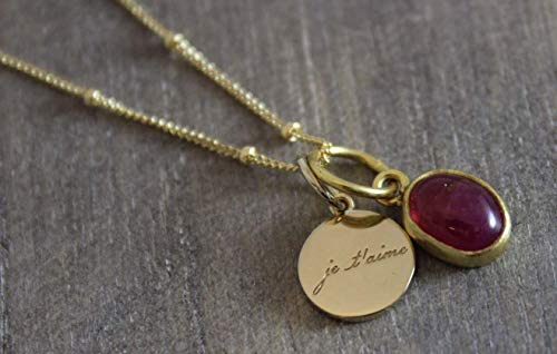 Pink Tourmaline Gemstone Je'taime I Love You Charm Pendant 14kt Gold Filled Necklace 18 inches Valentine's Day gift idea