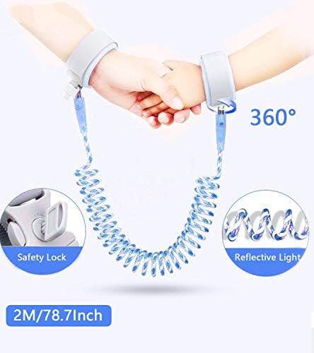 LONGESEN 6.56ft Safety baby Harness leashes-304 steel child Anti Lost Wrist Link with key Lock Keep Close Kids for Outdoor Activities wrist band,(baby Blue&key)2M