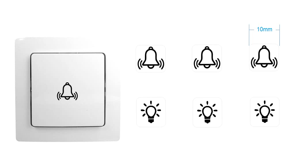 Generic Switch Sticker Set 3 x Bells and 3 x Light Symbols (10 mm) - Transparent Vinyl Stickers for Smooth, Grease-free Surfaces - White, Minimal Style - Waterproof, Removable