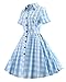 ZAFUL Women's 1950s Vintage Cap Sleeve V Neck Plaid Swing Dress with Pockets(Blue Checkered with Button,4XL)