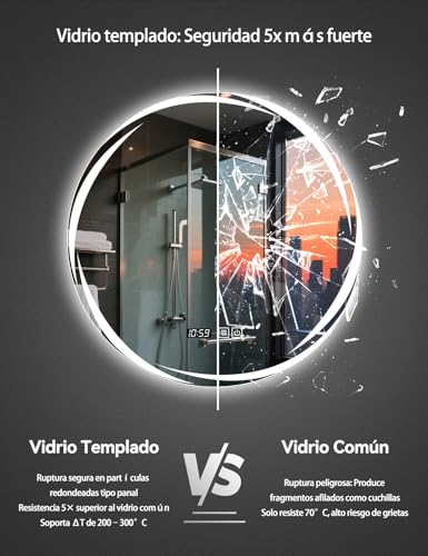 SAGIWO Espejo para Baño con Luz Led 70 * 70 cm, Espejo Inteligente Antivaho Redondo, con Luz Ajustable en 3 Colores, Función de Hora, Instalación Vertical/Horizontal