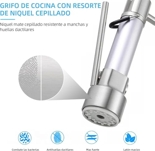 Grifo Mezclador para Fregadero de Cocina, Acero Inoxidable, Monomando con Rociador Retráctil 360°, Estilo Moderno, Negro Mate, 2 Salidas con Mangueras Incluidas