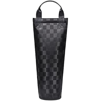Tirrinia Insulated Single Bottle Nylon Wine Tote Carrier Travel Cooler Bag Purse Leather Handles Steel Opening Reusable Lightweight Attractive Design, Black Checker