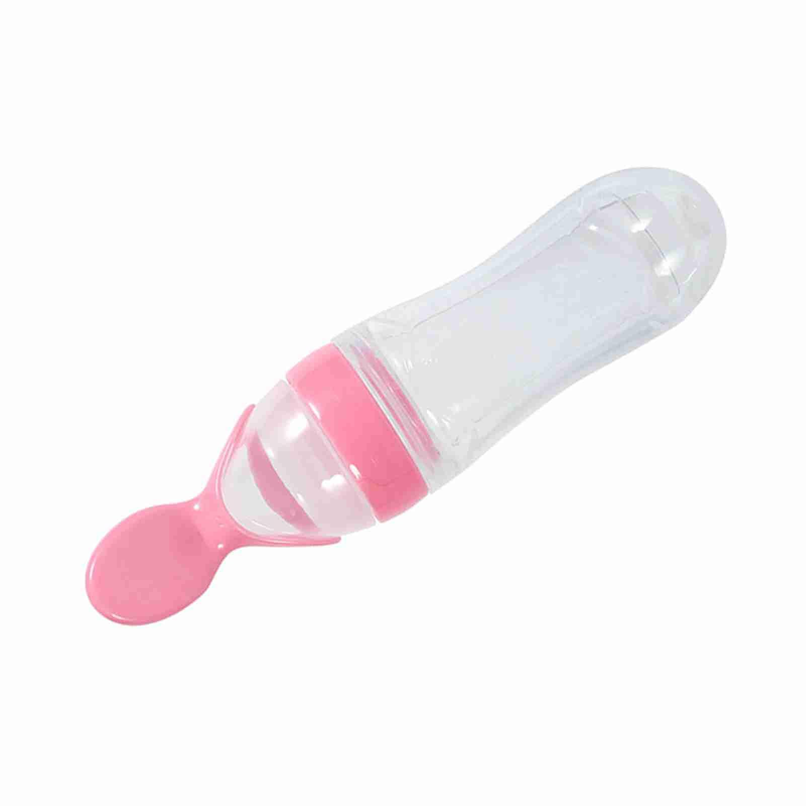 Feeding Bottle, Silicone Squeeze Baby Food Dispensing Spoon Supplement Bottle Baby Silicone Feeder 90mL(Pink)