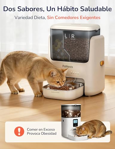 PalNests Comedero Gato Automatico, 5L Doble Tolva Dispensador Comida Gatos/Perros, 2.4G/5G WiFi, App Control, 10 Comidas por Día, Liofilizados Compatibles, Control de Porciones, Cuenco de Acero INOX