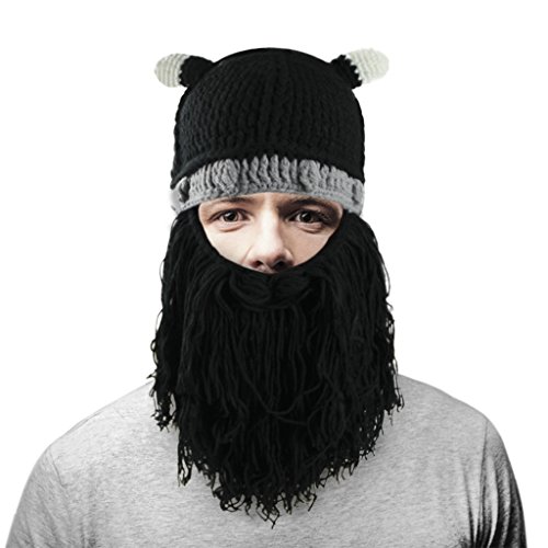 Women Men Halloween Viking Costume Knit Beard Hat Horns Beanie Mustache Helmet
