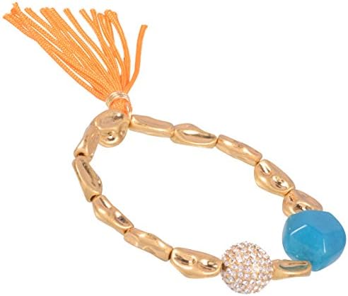 Worn Gold Plated Pebble and Natural Turquoise Stone Bracelet, Czech Clear Crystal Fireball and Orange Tassel by Zoetik, approx. 6”