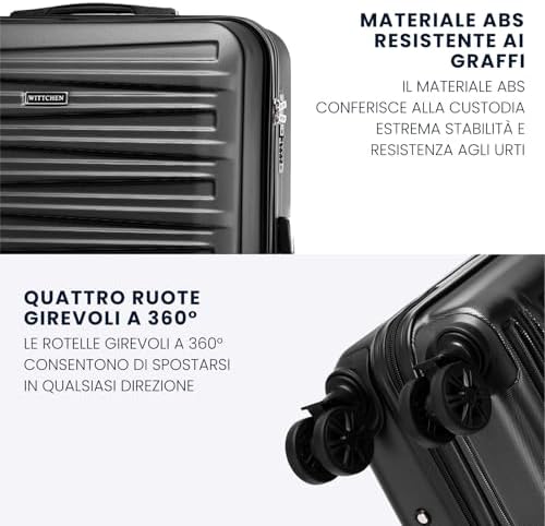 Skyspeed Line Set di 3 valigie Valigia da viaggio Rolling Trolley Bagaglio a mano rigide in ABS con serratura a combinazione Manico telescopico 4 ruote Nero Ryanair/ITA Airways