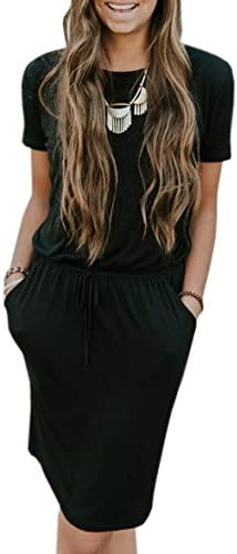 Ashuai Women's Crew Neck Drawstring Waist T Shirt Dress with Pockets
