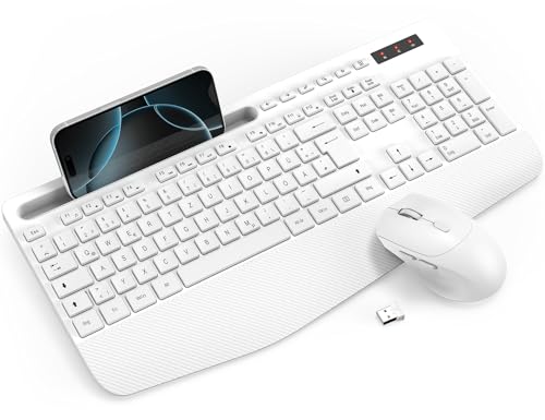 SABLUTE Tastatur Maus Set Kabellos, Handgelenkauflage, Telefonhalter-Weiß