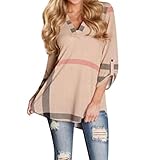 Eforward Women's Blouse Casual Plaid V Neck 3/4 Sleeve T-shirts Pullover Tops S Pink