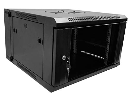 6U Professional Wall Mount Server Cabinet Enclosure Double Section Hinged Swing Out 19-Inch Server Network Rack with Locking Glass Door Black (Fully Assembled)