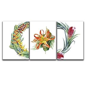 3 Panel Canvas Wall Art - Watercolor Style Flowers and Leaf in White Background - Giclee Print Gallery Wrap Modern Home Art Ready to Hang - 16"x24" x 3 Panels