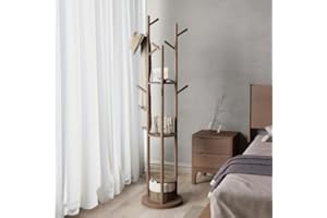 KungFuWood KASLANDI Coat Rack, Solid Wood Rotary Coat Rack Stand, Freestanding Coat Rack with 3 Shelves and 9 Hooks, Sturdy and Easy to Assemble Coat Tree for Entryway, Bedroom, Coats, Bags (Walnut)