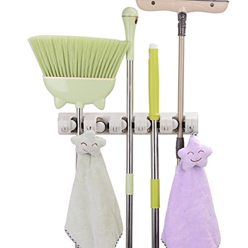 Mop and Broom Holder, 5 Position with 6 Hooks Holds Up to 11 Tools, Multipurpose Wall Mounted Garage Garden Kitchen Tool Organizer Hanger for Rake by JISIMI