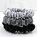 Mulberry Park Silks 100% Pure Silk Scrunchies, 3 Pack - Prevents Frizz, Reduces Breakage, Gentle On All Hair Types, Hair Accessories - Small (Black/Silver/Gunmetal)