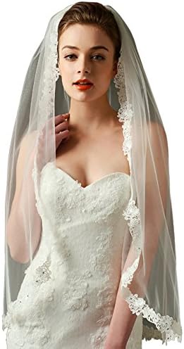LynnBridal Wedding Veil with Lace Edge 1 Tier Fingertip Length with Comb Ivory