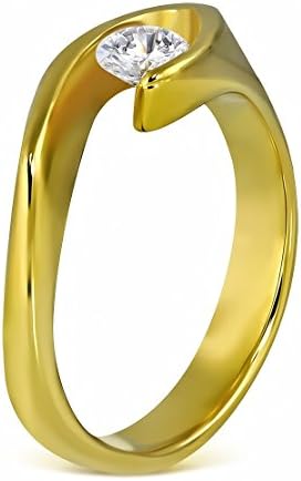 Gold Color Stainless Steel Tension-Set Engagement Bypass Ring with Clear CZ